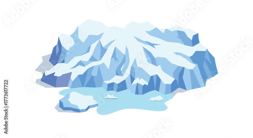 Isometric iceberg glacier with cracks and blue shadows on white background