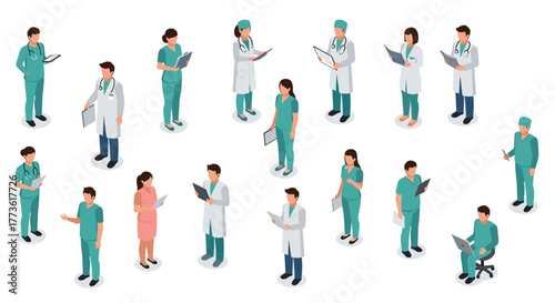 Isometric medical team: healthcare professionals in various roles and uniforms