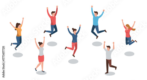 Group of people jumping with joy in isometric style on white background