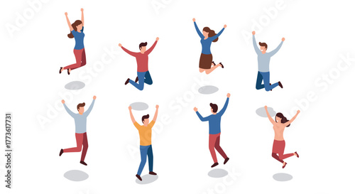 Diverse group of people jumping in joyful celebration with casual clothing