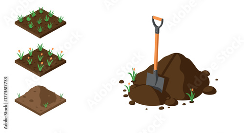 Isometric gardening stages with soil and shovel for plant growth and landscaping