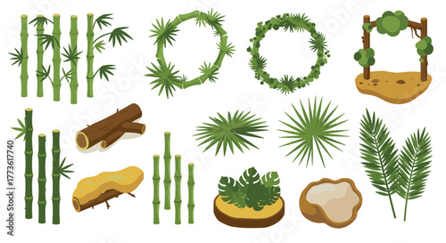 Flat style bamboo and palm leaves collection with natural elements in green shades