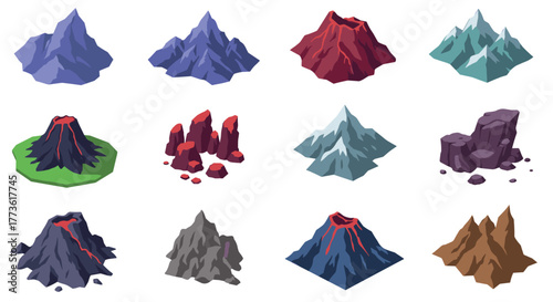 Vibrant mountain and volcano icons collection in isometric design