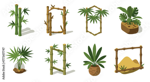 Isometric bamboo and tropical plant frames in minimalist design