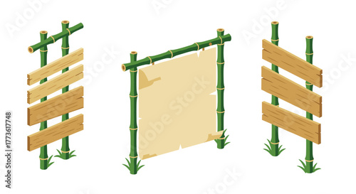 Isometric bamboo signs with wooden panels and blank scroll