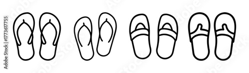 Collection of flip-flops and slippers line art icons for summer beach and casual wear