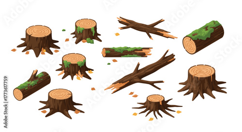 Isometric tree stumps and logs with moss and autumn leaves on white background