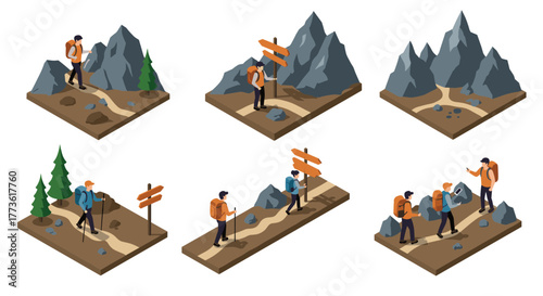 Isometric hiking scenes with mountain path and backpackers exploring nature