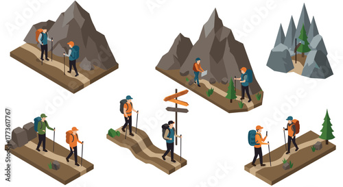 Isometric hiking adventure with mountains and trail signs in diverse landscapes
