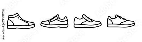 Collection of four stylized line art sneakers showing different styles and designs for fashion and sport
