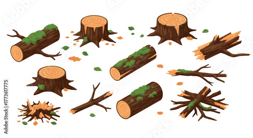 Isometric cartoon logs and tree stumps with moss and branches on white background