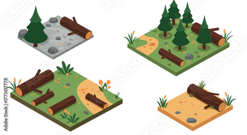 Isometric forest landscapes with trees and logs on different terrains
