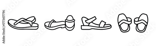 Diverse collection of sandal designs line art sketches for fashion and footwear concepts