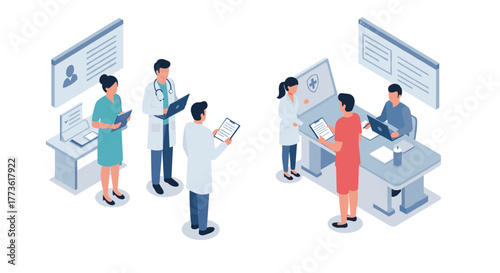 Healthcare professionals in an isometric medical consultation and office setting
