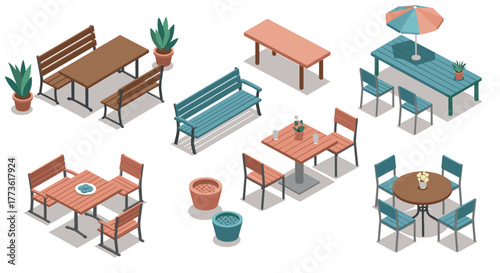 Isometric outdoor furniture set with benches, tables, and plants
