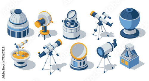 Isometric telescope collection featuring various designs and observatories