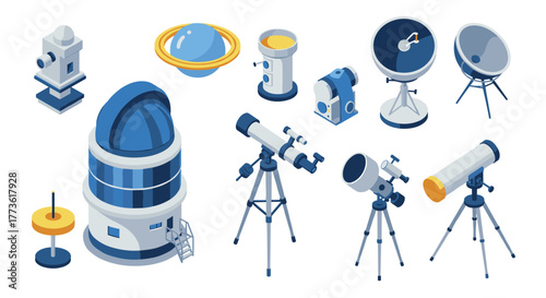 Isometric astronomy equipment collection in blue and white tones