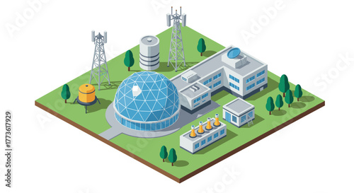 Isometric futuristic research facility with geodesic dome and communication towers