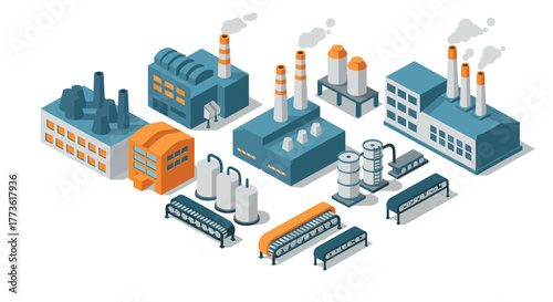 Industrial facility isometric set with factories and production lines