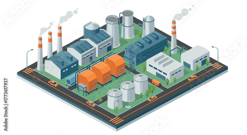 Isometric industrial complex with factories and silos