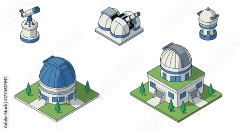 Isometric observatory designs with telescopes in blue and white style