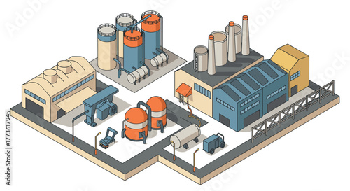 Isometric industrial complex with factories and storage tanks