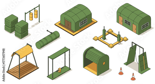 Isometric military camp with tents, obstacles, and equipment