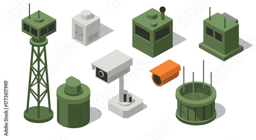 Modern military surveillance equipment in isometric style