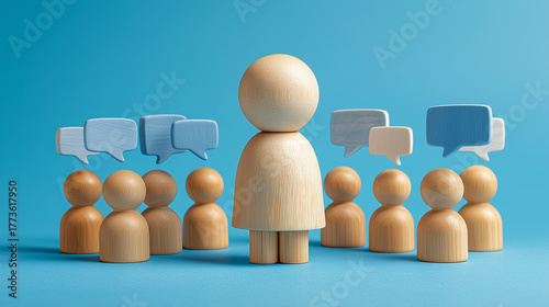 Wooden Figure Standing Alone Surrounded by Group with Speech Bubbles, Symbolizing Exclusion, Isolation, Communication, Social Interaction and Individual Identity