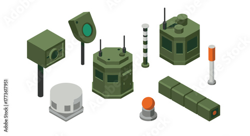 Isometric military technology objects on white background