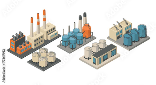 Isometric industrial buildings and factories with storage tanks and smokestacks