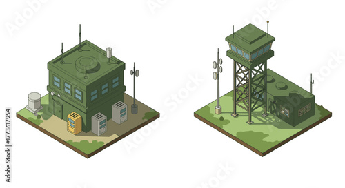 Isometric military base with communication tower and control building