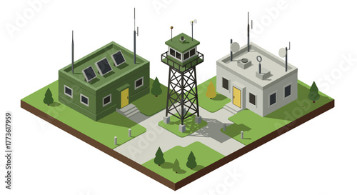 Isometric military base with watchtower and communication buildings