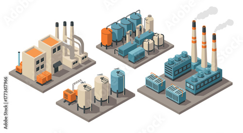 Isometric industrial complex with factories, tanks, and pipes