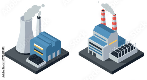 Industrial isometric design of power plant and factory buildings with smoke stacks