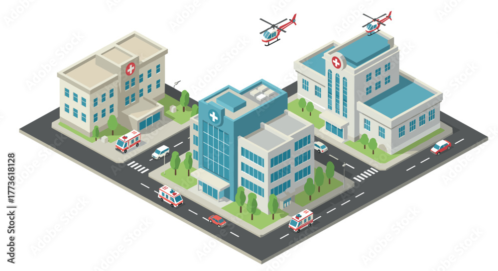 Naklejka premium Isometric hospital complex with ambulances and helicopters in urban setting