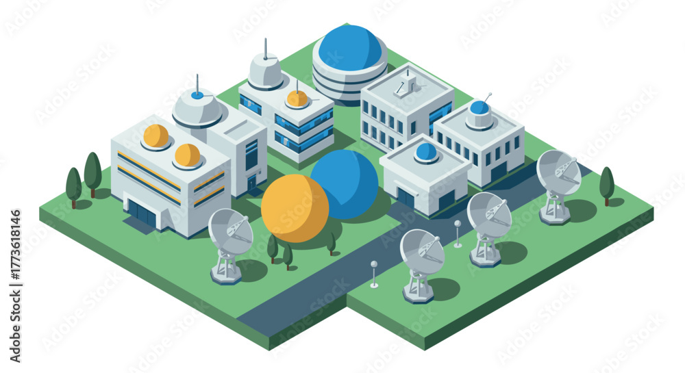 Fototapeta premium Isometric modern technology campus with satellite dishes and futuristic buildings