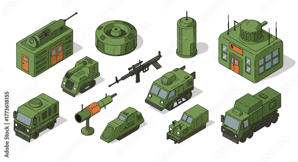 Obraz premium Military vehicles and equipment isometric set with camouflage colors
