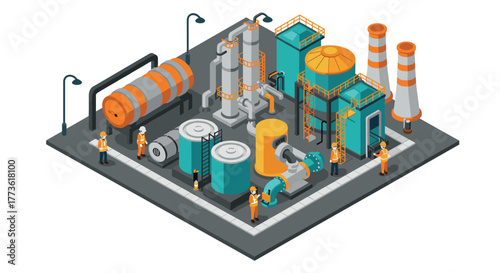 Isometric industrial plant design with workers and equipment in 3d