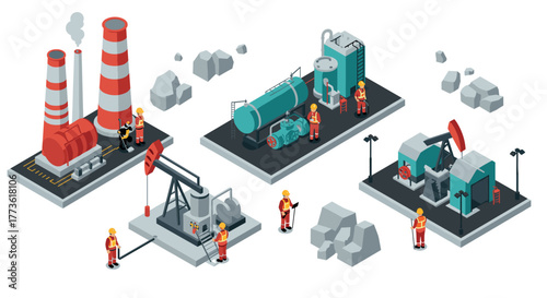 Industrial energy infrastructure isometric design featuring factories and oil equipment