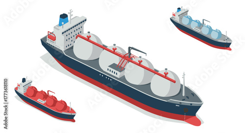Isometric lng tankers with red and blue accents on white background