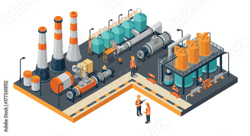 Industrial plant isometric design with workers and machinery in action