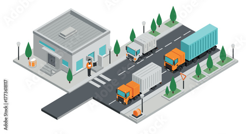 Isometric street scene with trucks and building