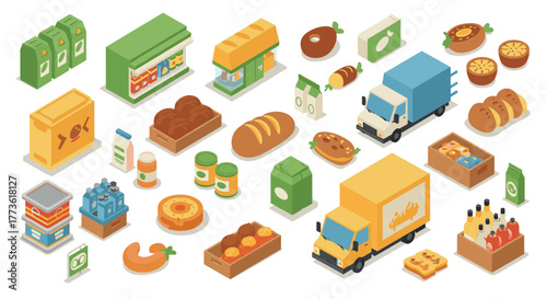 Isometric grocery icons set featuring bakery, produce, and delivery elements