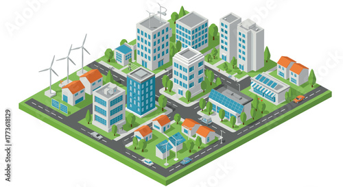 Sustainable modern city with solar panels and wind turbines in isometric style