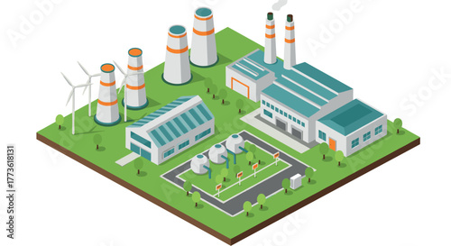 Eco-friendly power plant with wind turbines and factory buildings in isometric style