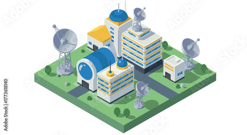 Futuristic communication center with satellite dishes in isometric design