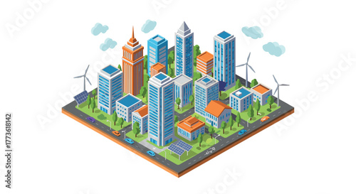 Isometric urban cityscape with eco-friendly buildings and renewable energy elements