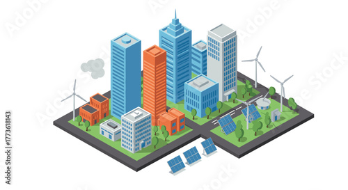 Isometric smart city with renewable energy and modern architecture