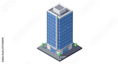Modern isometric office building with glass facade and trees